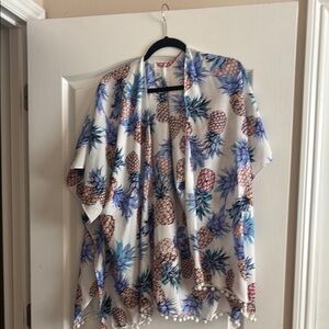 Pineapple Print Kimono with Pom Pom Trim